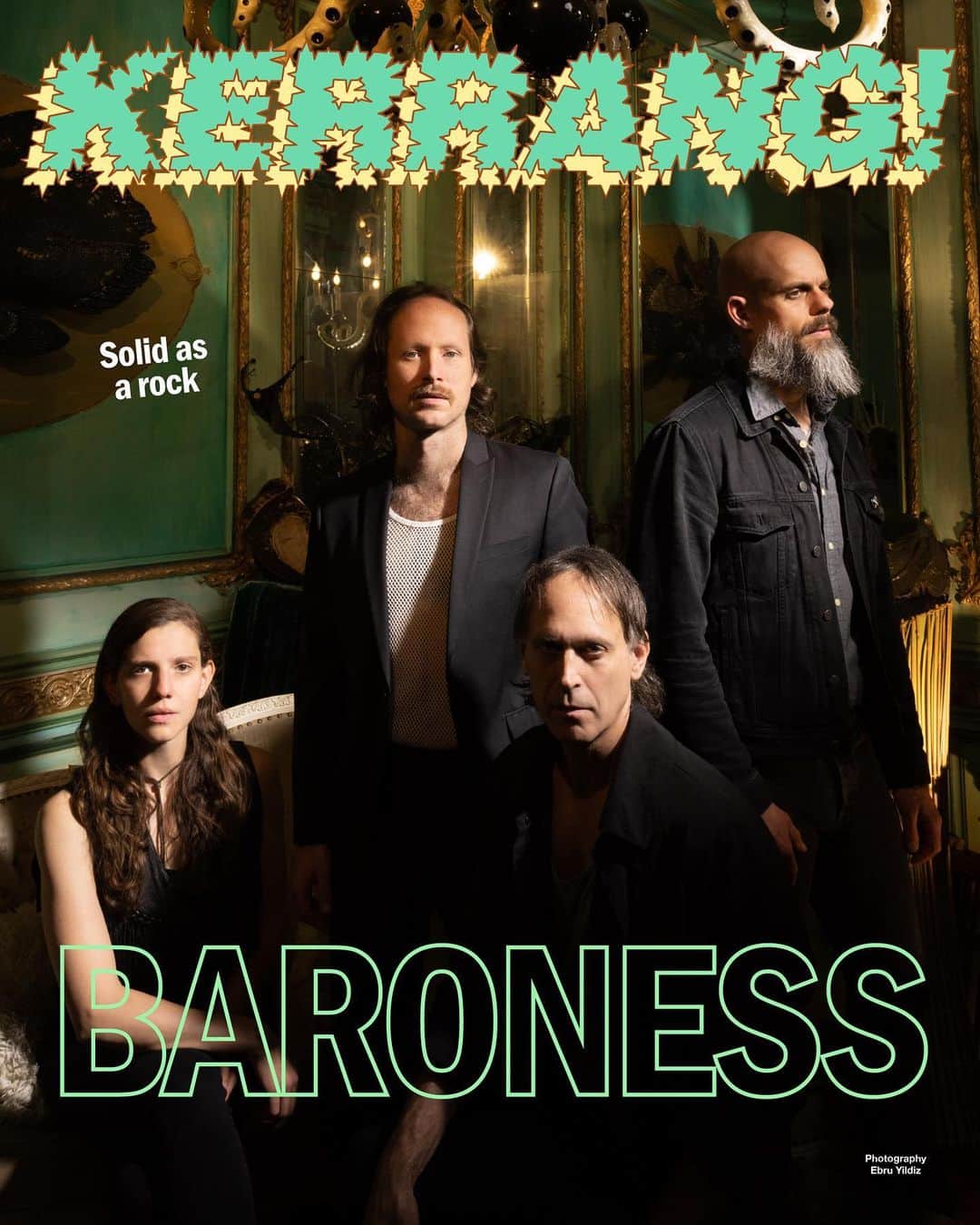 Kerrang!のインスタグラム：「Kerrang! Cover Story 💚   Baroness: “Music can take our hurts and allow us to springboard back into the brightness, to enjoy life with all the more dimension and contrast”   Read the interview now at the link in bio 🔗   ✍️: @samlaw1000 📸: @ebruyildiz 🎨: @aledsavedlatin   #kerrangcoverstory」