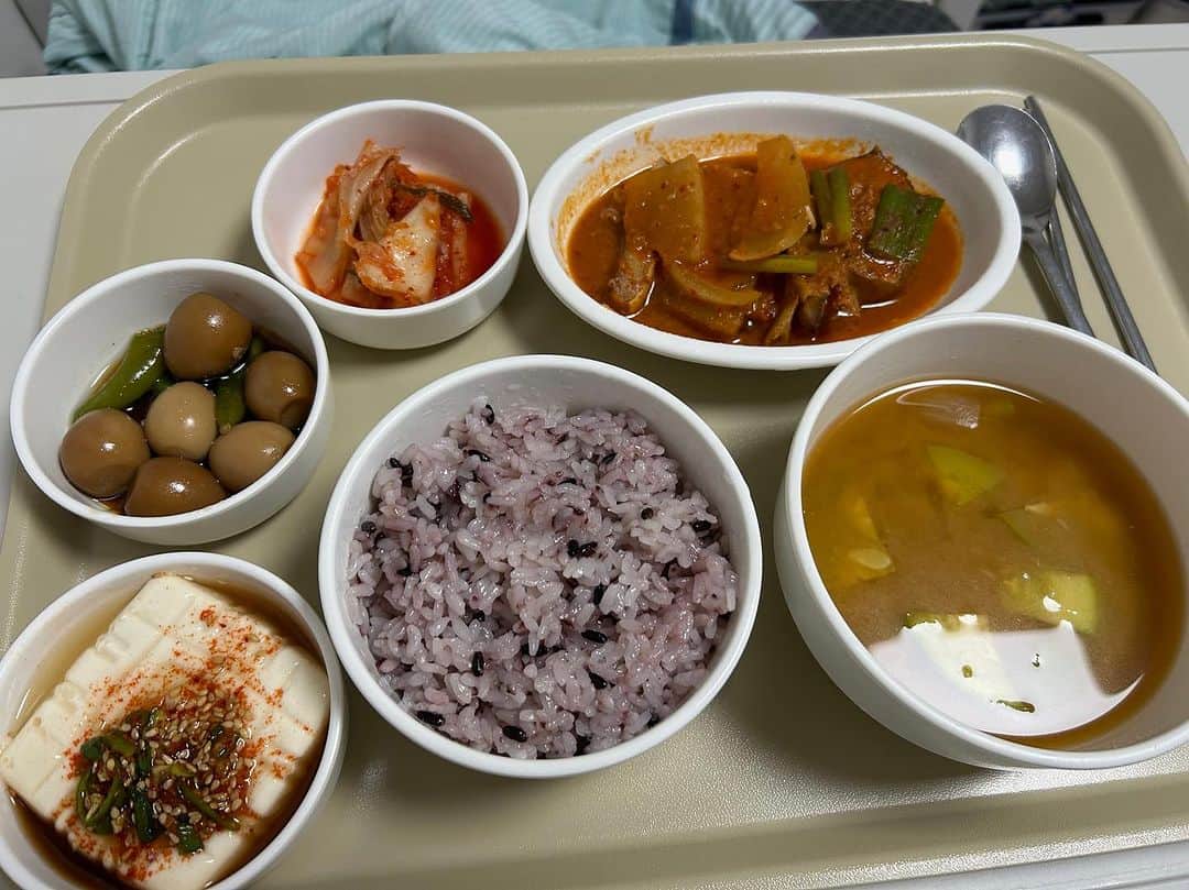 田中明日菜のインスタグラム：「. 病院食🏥🍚🇰🇷 美味しくてボリューム満点💯 キムチは必ず毎食ある🤣 差し入れいっぱいありがとう🐷🫶 병문안해줘서 고마워요☺️」