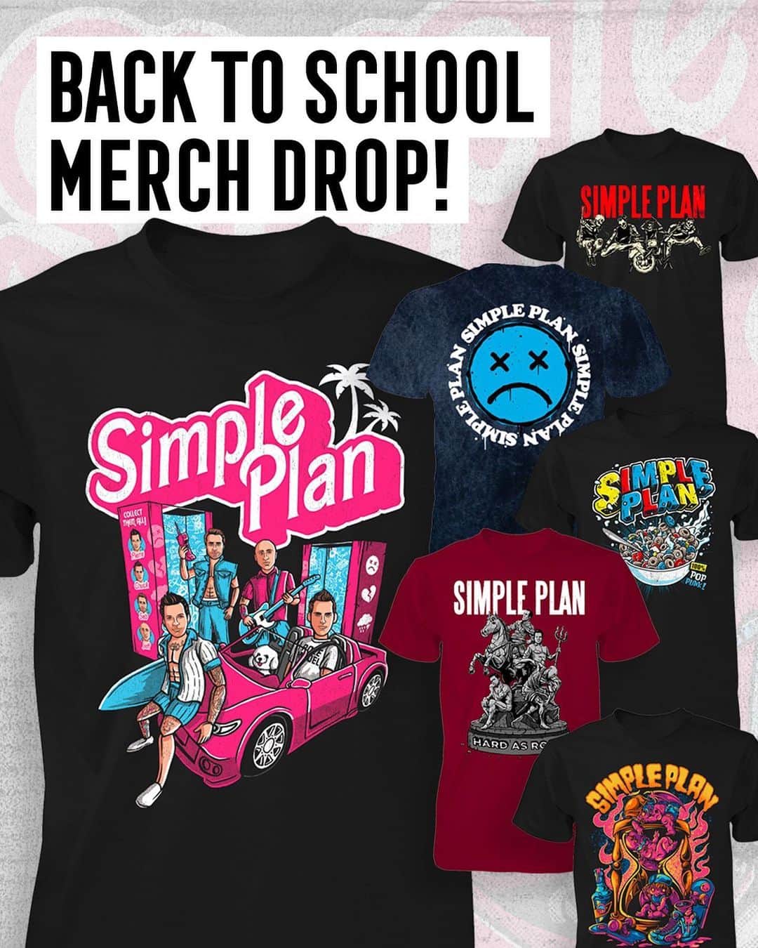Simple Planのインスタグラム：「ICYMI: We dropped a bunch of rad new merch designs in our online store yesterday! Along with Pierre’s epic Simple Plan Dolls shirt, we’ve added 5 more brand new awesome shirts that we think you’ll love! 🤩🤩🤩  Check them out at simpleplanstore.com and grab your fave before it’s gone! Which one do your have you eye on? 👀👀👀」