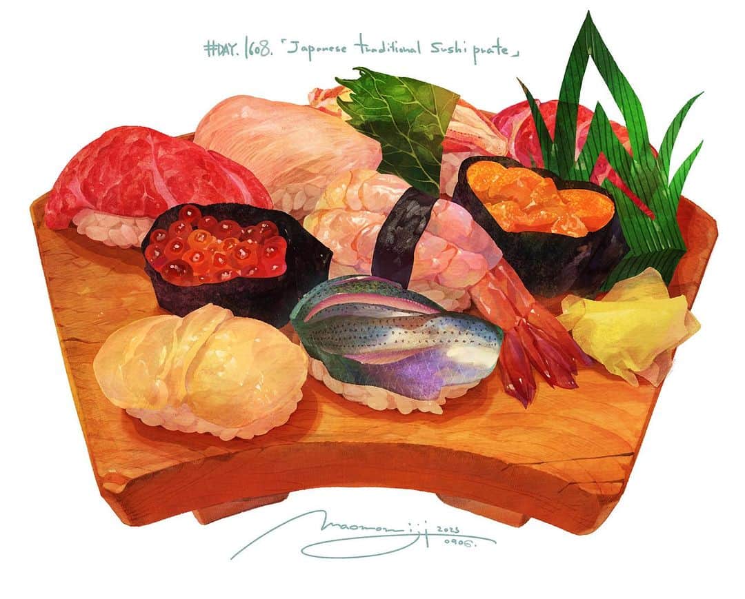 もみじ真魚さんのインスタグラム写真 - (もみじ真魚Instagram)「『#1608/「Japanese Traditional Sushi Plate(4)」』  もみじ真魚/MaoMomiji 2023年9月7日 03:19  ”Sushi that I can draw forever.” I've been having a lot of fun drawing the geta, and I'm getting carried away with it. I'm going to pursue it further from here, so I'll continue for one more day!  「ずっと描いていられるお寿司」 引き続きガリガリ作画しとります、下駄を描くのが思いのほか楽しくて夢中になっちゃいました。ここから更に追及していこうと思いますので、もう一日だけ続きます！  #日刊ごはんが好き #foodie #foodieart #dailyilovefood  #毎日更新 #foodillustration #fooddrawing #もみじ真魚 #maomomiji #飯テロ #美食 #寿司 #sushi」9月7日 3時22分 - maomomiji