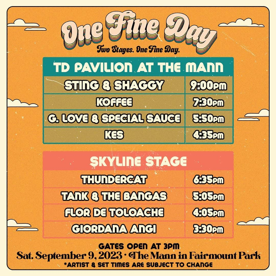 スティングさんのインスタグラム写真 - (スティングInstagram)「Get ready for ONE FINE DAY in Philly! 🌴☀️🐳   Start planning and meet us at the Mann in Fairmount Park this Saturday! ✌️   More info at OneFineDayPhilly.com」9月7日 4時01分 - theofficialsting