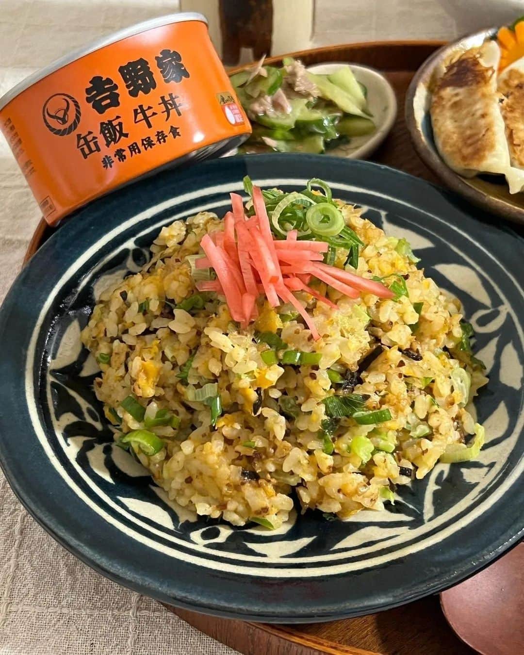 吉野家さんのインスタグラム写真 - (吉野家Instagram)「普段使いもできる非常食！！《缶飯牛丼でチャーハン》  📣おうち吉野家アンバサダー  @matakayo0719 さんの投稿を ご紹介！ ぜひ参考にしてくださいね🧡 ✎缶飯牛丼でチャーハン ✎豚汁 ✎餃子 ✎無限きゅうり ✎スイカ ⁡ ▹◃┄▸◂┄▹◃┄▸◂┄▹◃┄▸◂┄▹◃ ⁡ @yoshinoya_co_jp さんの【缶飯牛丼】使ってチャーハンにした🫶 ⁡ 缶飯牛丼は非常食用ので、 常温で3年持つの🌱 吉野家さんにそんなものがあるとは…🙊 初めて知って初めて見たわ！！ ⁡ お米と一緒に牛丼の具が 入っていたよ🫶 ⁡ 今回はこの1缶をボリューミーにして、みんなで味わいたいなと思い、米足して、ちょろちょろっと味付けしてチャーハンにした🍳 ⁡ そのまま食べてももちろん美味しいのだけど、ちょっとアレンジしたりするのも楽しかった👀 ⁡ ～～～～～～～～～～～～～～～～～  #おうち吉野家 は忙しいママとパパの味方！  皆さんの#おうち吉野家 を使ったレシピをご紹介中🍀 吉野家冷凍食品でカンタンおいしいごはんを楽しもう♪ 定期便注文する人が急増中！のおうち吉野家を ぜひ公式サイトよりお買い求めください☺  公式サイトはプロフィールURLから🔽 @yoshinoya_co_jp  ～～～～～～～～～～～～～～～～～  #おうち吉野家アンバサダー  #おうち吉野家 #吉野家缶飯  #吉野家缶飯焼牛丼  #吉野家 #yoshinoya  #炒飯 #肉うまレシピ　 #ローリングストック #非常食  #時短レシピ #簡単レシピ  #おうちごはん #時短レシピ  #簡単レシピ #アレンジレシピ」9月7日 12時02分 - yoshinoya_co_jp