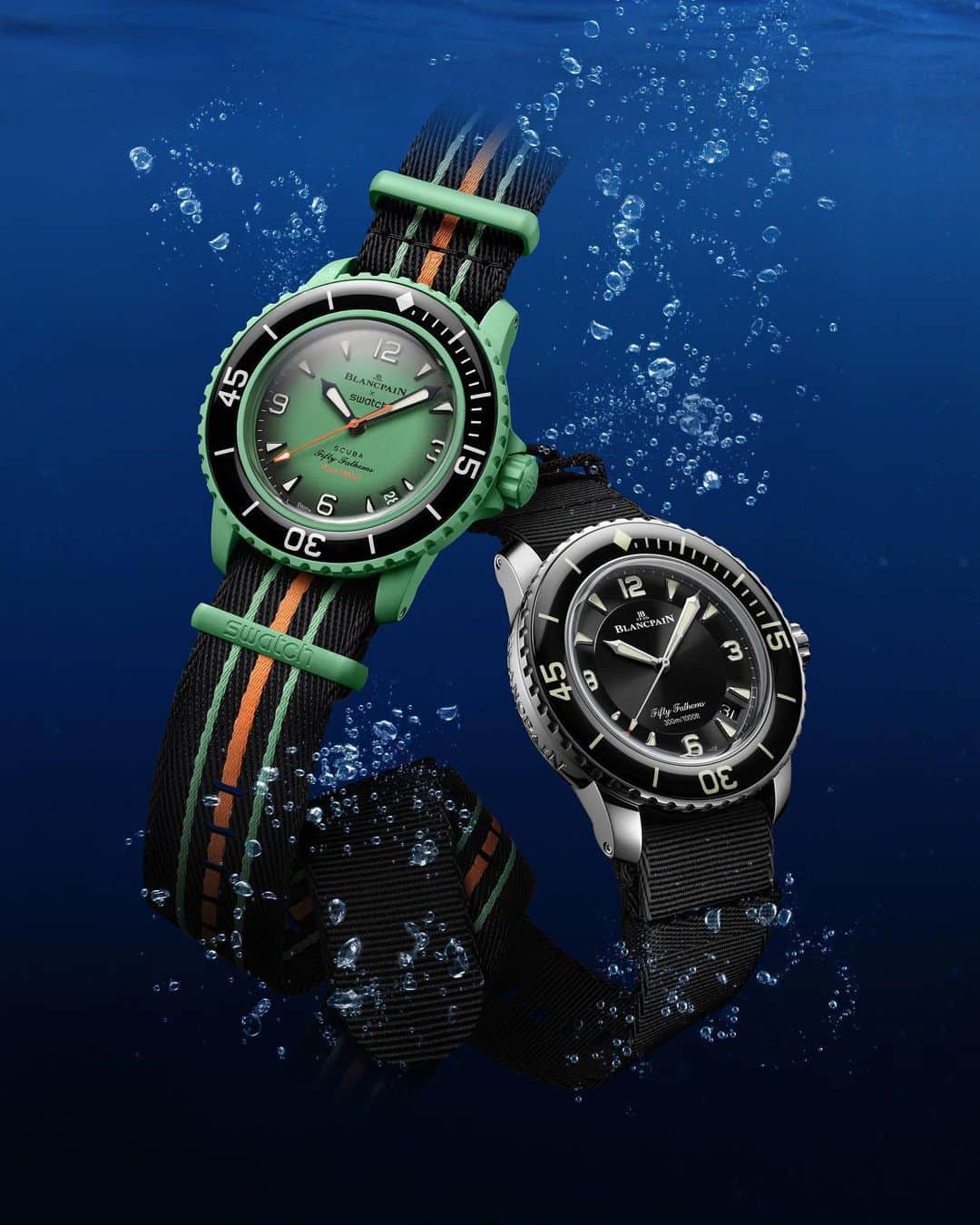 Swatchのインスタグラム：「70 years ago, an icon was born. A watchmaking revolution, the first true diving watch. Swatch honors the legendary Blancpain Fifty Fathoms with five models made from Bioceramic material, powered by a SISTEM51 mechanical movement and water resistant down to 91 meters. This non-limited collection will be available worldwide in selected stores from 09.09.2023.   Presented here: the new INDIAN OCEAN and Blancpain's Fifty Fathoms Automatique.   #ScubaFiftyFathoms #BlancpainxSwatch #Swatch」