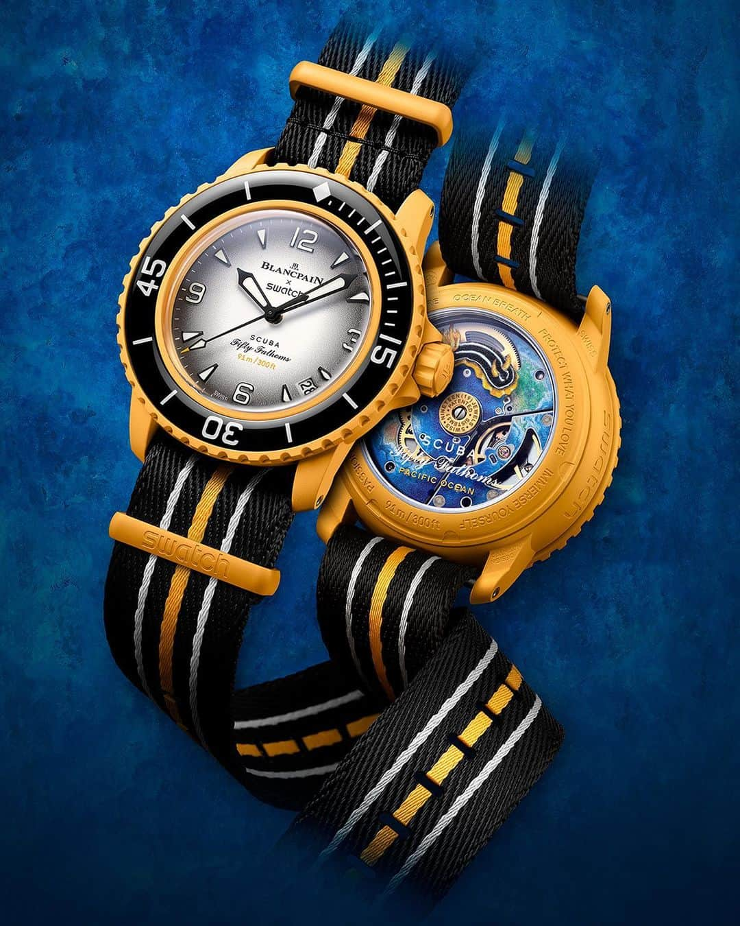 Swatchさんのインスタグラム写真 - (SwatchInstagram)「Swatch honors Blancpain's legendary Fifty Fathoms with the release of five new models, all while staying true to itself in a fun, playful way. Named Bioceramic Scuba Fifty Fathoms, the collection faithfully reproduces all the Fifty Fathoms hallmarks, such as superior water resistance, outstanding legibility, mechanical movement, secured rotating bezel, and anti-magnetic protection. Each watch is inspired by the deep seas and named after one of the blue planet’s five Oceans: ARCTIC OCEAN, PACIFIC OCEAN, ATLANTIC OCEAN, INDIAN OCEAN and ANTARCTIC OCEAN.   #ScubaFiftyFathoms #BlancpainxSwatch #Swatch」9月7日 7時15分 - swatch