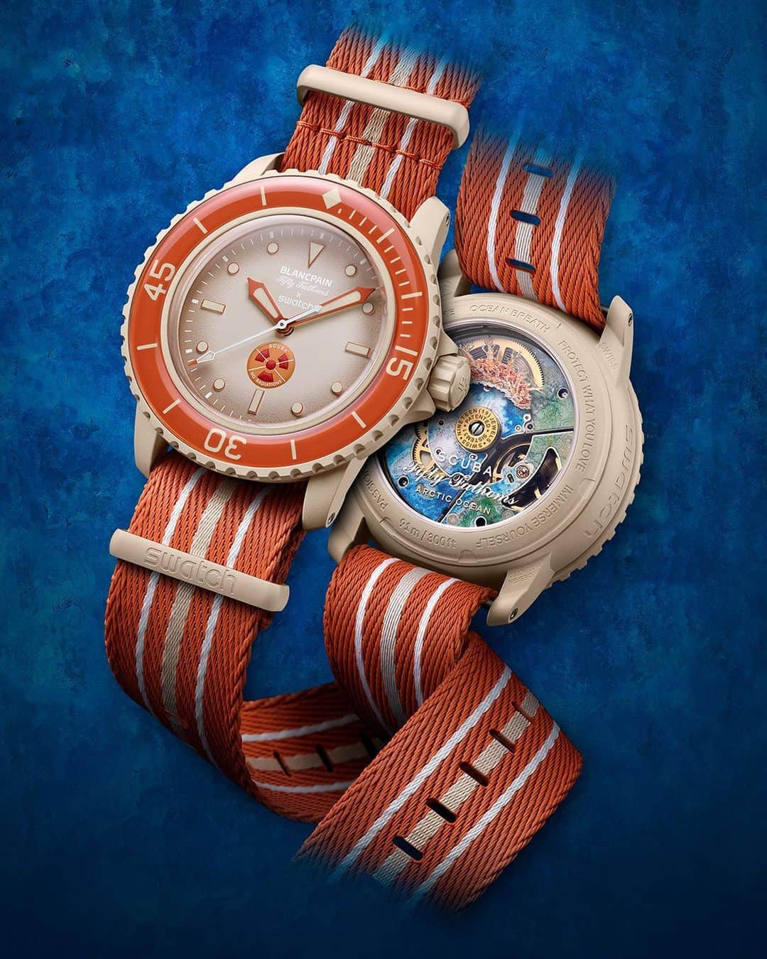 Swatchのインスタグラム：「Swatch honors Blancpain's legendary Fifty Fathoms with the release of five new models, all while staying true to itself in a fun, playful way. Named Bioceramic Scuba Fifty Fathoms, the collection faithfully reproduces all the Fifty Fathoms hallmarks, such as superior water resistance, outstanding legibility, mechanical movement, secured rotating bezel, and anti-magnetic protection. Each watch is inspired by the deep seas and named after one of the blue planet’s five Oceans: ARCTIC OCEAN, PACIFIC OCEAN, ATLANTIC OCEAN, INDIAN OCEAN and ANTARCTIC OCEAN.   #ScubaFiftyFathoms #BlancpainxSwatch #Swatch」