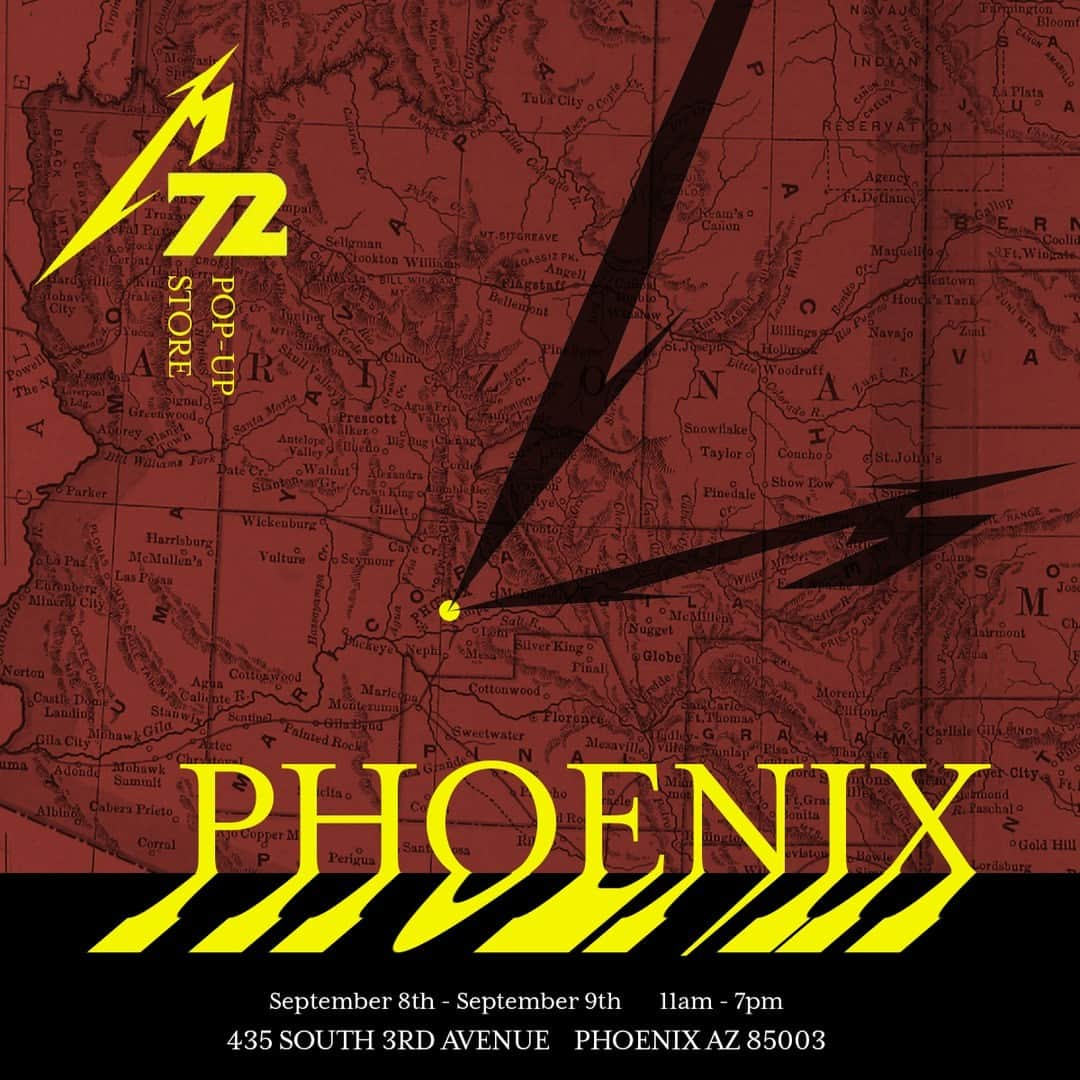 メタリカのインスタグラム：「⚠️ PHOENIX ⚠️  The #M72Phoenix Pop-Up Shop is re-opening on Friday and Saturday!  Because we’re staying a little longer than we expected, the Pop-Up Shop has made arrangements to do the same. Stop by to get your hands on the basic tour line, plus a range of pop-up exclusives, apparel, accessories, skate decks, @yeti x Metallica drinkware, and more.  Supplies are limited and stock is not guaranteed. If you missed out on something last week, your best bet is to show up early!  Don’t forget to pick up an #M72FanCard during your visit for a chance at a Snake Pit upgrade for Saturday’s show.  FRIDAY SEPTEMBER 8 - SATURDAY SEPTEMBER 9 435 SOUTH 3RD AVENUE | PHOENIX, AZ, 85003 11 AM - 7 PM」