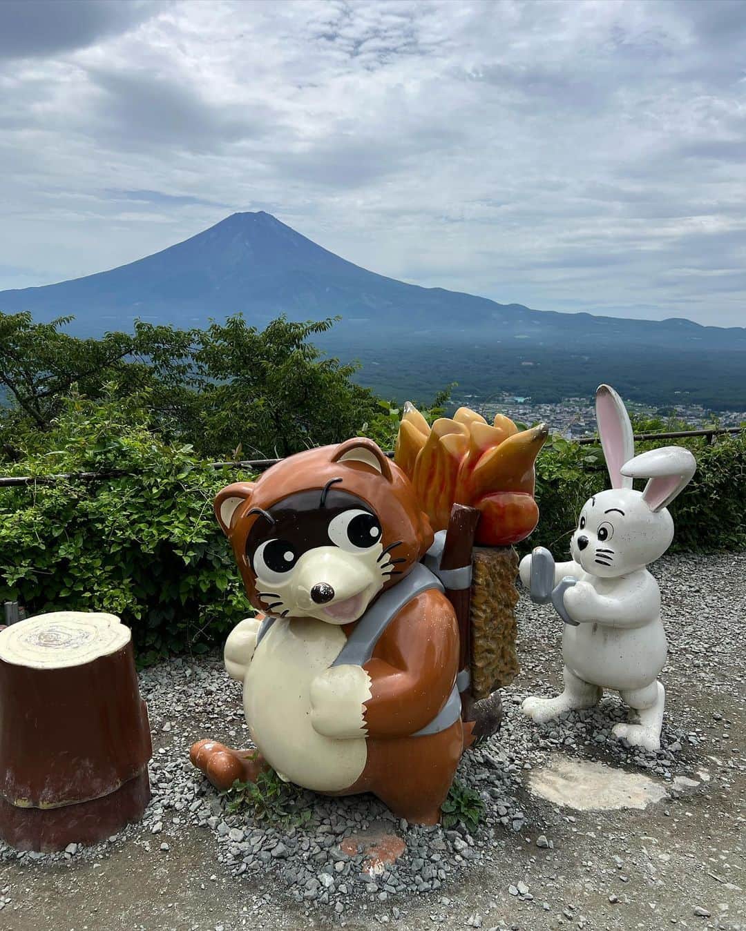 高倉絵理さんのインスタグラム写真 - (高倉絵理Instagram)「夏の思い出。  バイロンと富士山。  『富士山パノラマロープウェイ』で天上山へ。  富士山や河口湖、遠くには南アルプスなどの大パノラマを楽しめました。  こちらは、昔話「カチカチ山」の舞台といわれていて、通称「カチカチ山ロープウェイ」とも呼ばれているそう。 物語にちなんでウサギとタヌキがいっぱいでした。  ※補助犬を除くペット（小動物）は ゴンドラ内のみ、置いてあるハードキャリーに入れて有料にて同伴可能。 大型犬はNG。 （ソフトケース・カート等は不可)  階段の途中で通る人を妨げて急いで入れ替えしないといけないのが大変で危険。 また、ハードキャリーは”消毒済み”とはなっていたけど他のわんちゃんの毛が残っていたりと衛生面も気になりました。 わんこと行けて有難いけど少し残念。  📍 ～河口湖～ 富士山パノラマロープウェイ 山梨県南都留郡富士河口湖町浅川1163-1  @mtfujiropeway   #富士山パノラマロープウェイ #富士山 #わんこと富士山 #わんことお出かけ #わんこと旅行 #河口湖 #シニア犬と旅行」9月7日 8時08分 - eri_t28