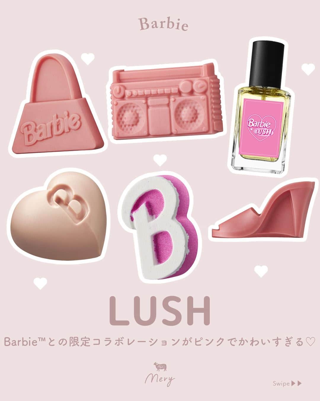 MERYさんのインスタグラム写真 - (MERYInstagram)「LUSH👠Barbie™との限定コラボレーションがピンクでかわいすぎる♡  「LUSH（ @lushjapan ）」と、世界一有名なファッションドール「Barbie™（ @barbie ）」がコラボレーション👱‍♀🎀 Barbie™のイメージカラーであるピンクを基調とした、ラブリーなアイテムがラインアップ💖使っているとポジティブな気持ちになれそう🛁🫧  LUSH公式アプリ及び公式オンラインストアにて9月4日（月）より先行発売しており、明日8日（金）から全国のLUSH店舗で発売🧁💘 数量限定なのではやめにチェックしてみてくださいね💄  📢｜ information 「Barbie™ x LUSH」 📍 @lushjapan 📅2023年9月8日（金）  MERYでは他にも「かわいい」に近づけるさまざまな情報を発信しています。⁣ @mery.beauty コスメ・美容に特化した情報をお届け♡ @mery_giftsalon 選りすぐりのギフトを提案🎁 こちらもぜひチェックしてみてください！⁣  #LUSH #Barbie #ラッシュ #バービー #映画バービー #マーゴットロビー #ライアンゴズリング #ボディバーム #バスボム #ソープ #石けん #石鹸 #ジェリーマスク #ボディスクラブ #ボディースクラブ #スクラブ #香水 #パフューム #シャンプー #ギフト #プレゼント #プレゼント選び #プレゼントにおすすめ #お風呂 #お風呂タイム #お風呂グッズ #バスタイム #バスルーム #バスグッズ」9月7日 21時00分 - mery.jp