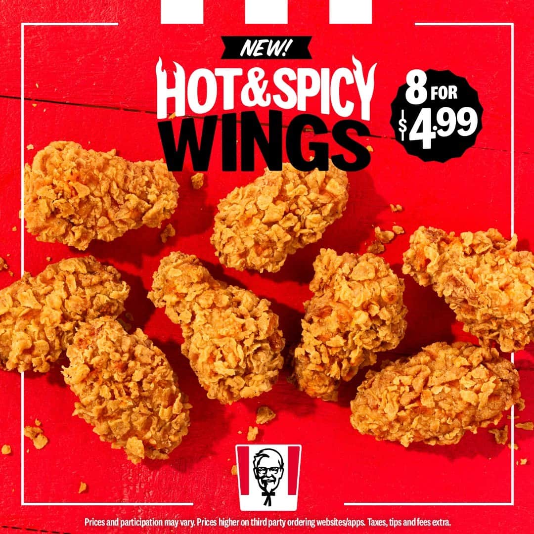 のインスタグラム：「Heat and flavor in every bite. KFC’s NEW spicy-marinated, hand-breaded Hot & Spicy Wings are available starting 9/10!​ ​」