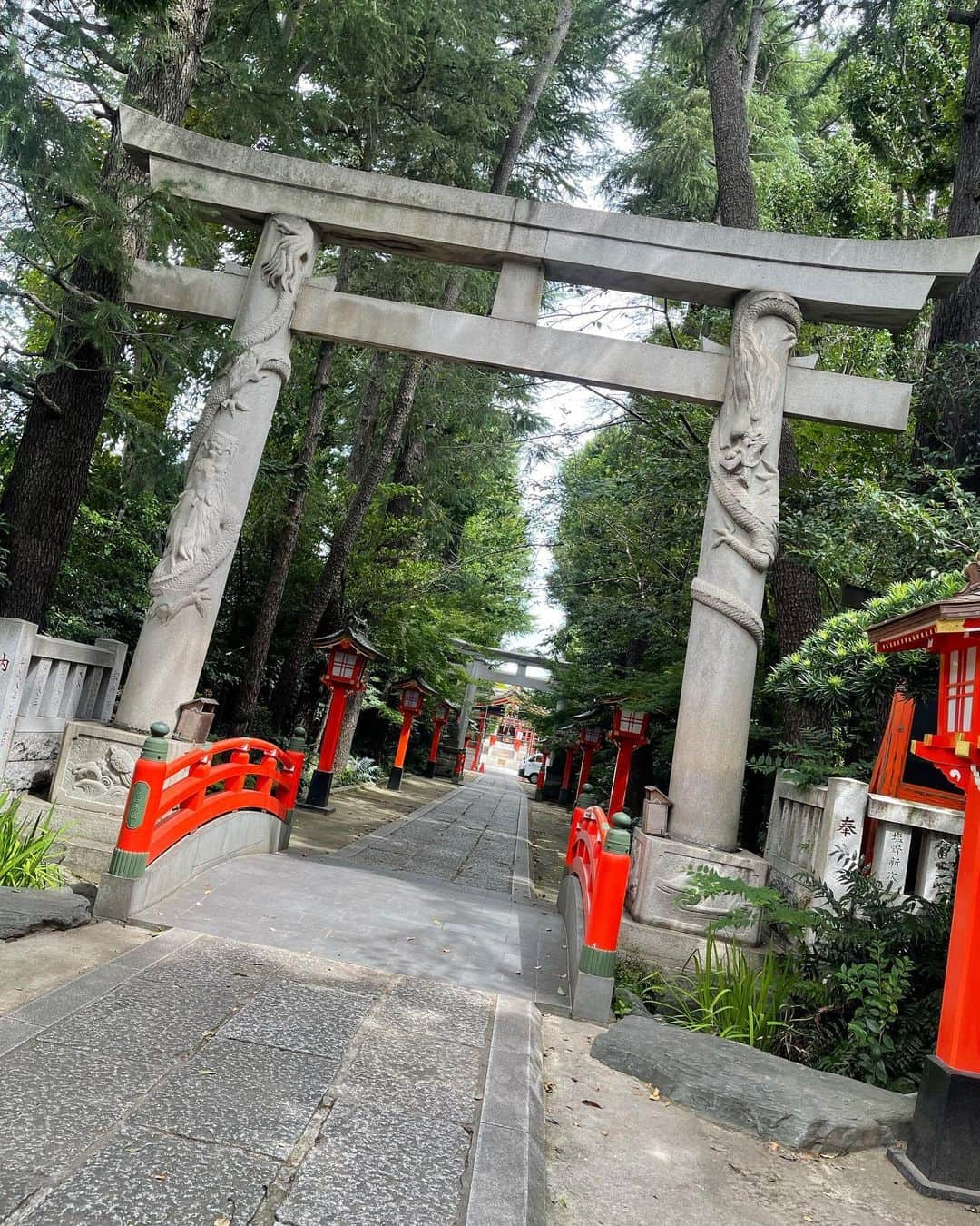 植田麻友美のインスタグラム：「阿佐ヶ谷にある  馬橋稲荷神社へ⛩🦊  鳥居に昇り龍がいる珍しい⛩  都内では 品川神社・高円寺内稲荷神社と馬橋稲荷神社の3箇所のみで  「東京三鳥居」 と呼ばれてるそう‼️  住宅地の中にある  自然溢れる素敵な場所🦊  良縁、商売繁盛、五穀豊穣に縁がある神社⛩さん❤️  天に昇る龍に願いを込めて🌟🙏 ##馬橋稲荷神社#東京三鳥居  ##神社巡り  #🦊」