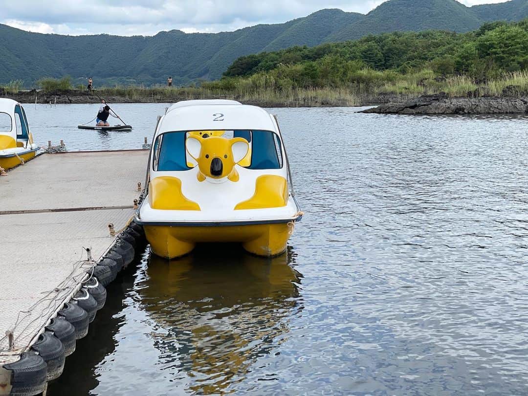 甲斐みのりのインスタグラム：「・ 夏の思い出。  本栖湖の コアラとパンダと黄色いあの船。」