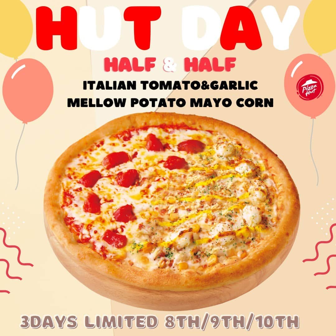 ピザハットのインスタグラム：「📢明日から📢 #ハットの日 1,080円パック✨  お持ち帰りで、8､9､10日が超おトク！  月替わりピザ🍕Mサイズ と､｢選べるサイド｣🍗🍟🍯  9月のピザは、 「イタリアントマト＆ガーリック」と 「じゃがマヨコーン」の ハーフ＆ハーフMサイズ🍕  ＋選べるサイド🍗🍟🍯  が、なんと1,080円👏✨  ●ピザ（ハーフ＆ハーフ） ・イタリアントマト＆ガーリック ・じゃがマヨコーン  ●選べるサイド ・ハットフライポテト Mサイズ ・チキンナゲット Sサイズ ・もちっと！ハニーフォカッチャ  3日間の期間限定なので、 おトクにピザを食べてくださいねっ🌈  #ピザハット #イタリアントマトアンドガーリック #じゃがマヨコーン #お買い得 #おトク #お得 #お得情報」