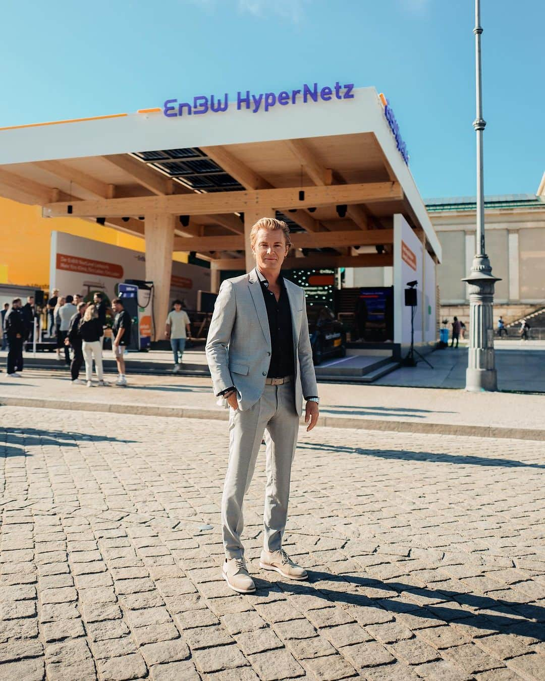 ニコ・ロズベルグのインスタグラム：「Fun day opening the @enbw_ag NextLevel charging park at IAA Munich! Which car would you love to see at the exhibition?   Fascinating to experience the innovation and technology in hyper charging and e-mobility. Today, you can charge 100km reach in only 5 min – this is the way to go! Thank you all for stopping by 👍」