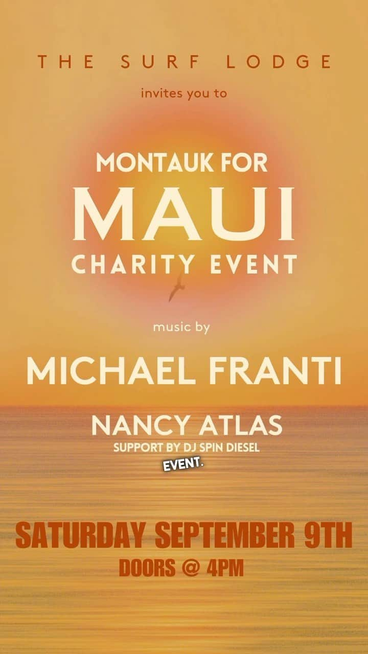 マイケル・フランティのインスタグラム：「MONTAUK! We will be at @thesurflodge on Sept 9th to raise funds for MAUI!   Even though some time has passed, Lahaina still needs our help. If you’re in the area, come out and rock out to support and if you’re not, please continue donating online and supporting the people of Hawaii 🙏🏾💛  We love you Soulrockers! Thank you for coming together in this time of need, one love 🫶🏾✌🏾🙏🏾  #maui #lahaina #support #michaelfranti #montaukformaui」