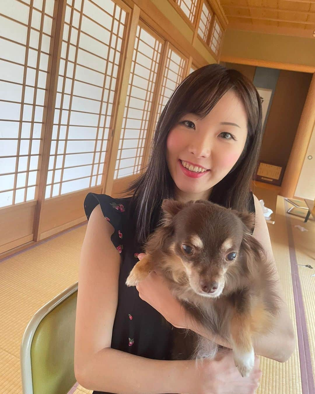 湊月莉子のインスタグラム：「お寺のわんこを抱っこ🐕‍🦺#チワワ #大きめチワワ #茶色チワワ #ココちゃん #でもやっぱり #うちの子が1番可愛い」