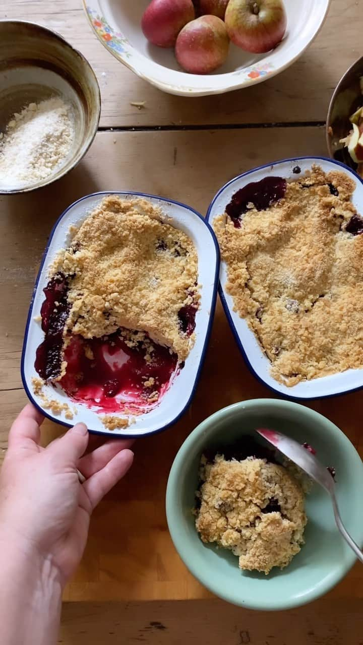 Tea and sittingのインスタグラム：「🥧🍽️🌿…The life cycle of a blackberry and apple crumble…🍎🍏😋 • #blackberrypicking #applecrumble #appleandblackberrycrumble #localproduce #forragingforfood」