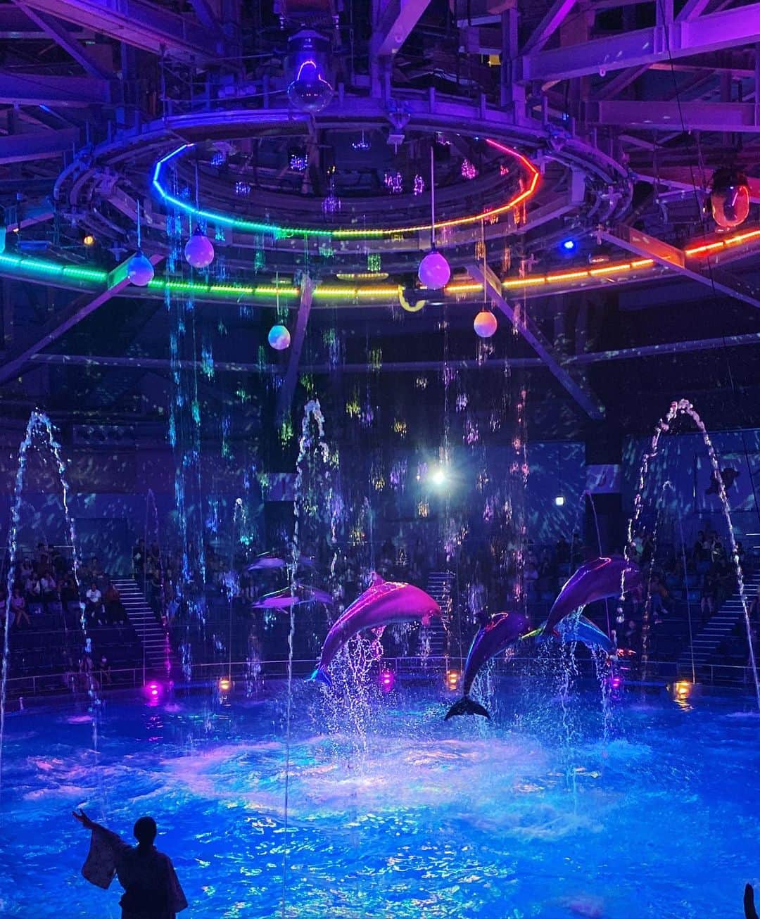 有村莉彩のインスタグラム：「にじいろ〜(^.^)♡ \ ﾀｲﾎｰ! /  🌈#虹色警察👮 🌈#きょうのにじいろ  #水族館 #アクアパーク品川 #aquarium #dolphins #rainbow #performance」