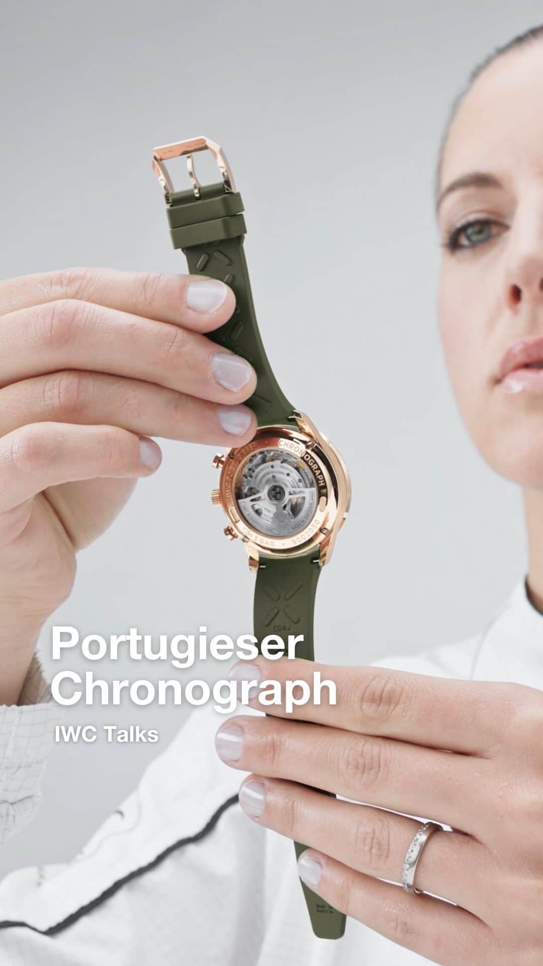 IWCのインスタグラム：「Design Codes  Join Christian Knoop and @justinhast as they delve into the timeless beauty of the Portugieser Chronograph, a symbol of passion for horology, unwavering dedication, and impeccable craftsmanship. Explore this classic timepiece with its column-wheel design, powered by the robust calibre 69, which is elegantly revealed through the transparent case back. The dial features three subdials: one at ‘9 o’clock’ for the hour counter, another at ‘12 o’clock’ for the minute counter, and a third at ‘6 o’clock’ for the small seconds.  #IWCportugieser | #TheReference」