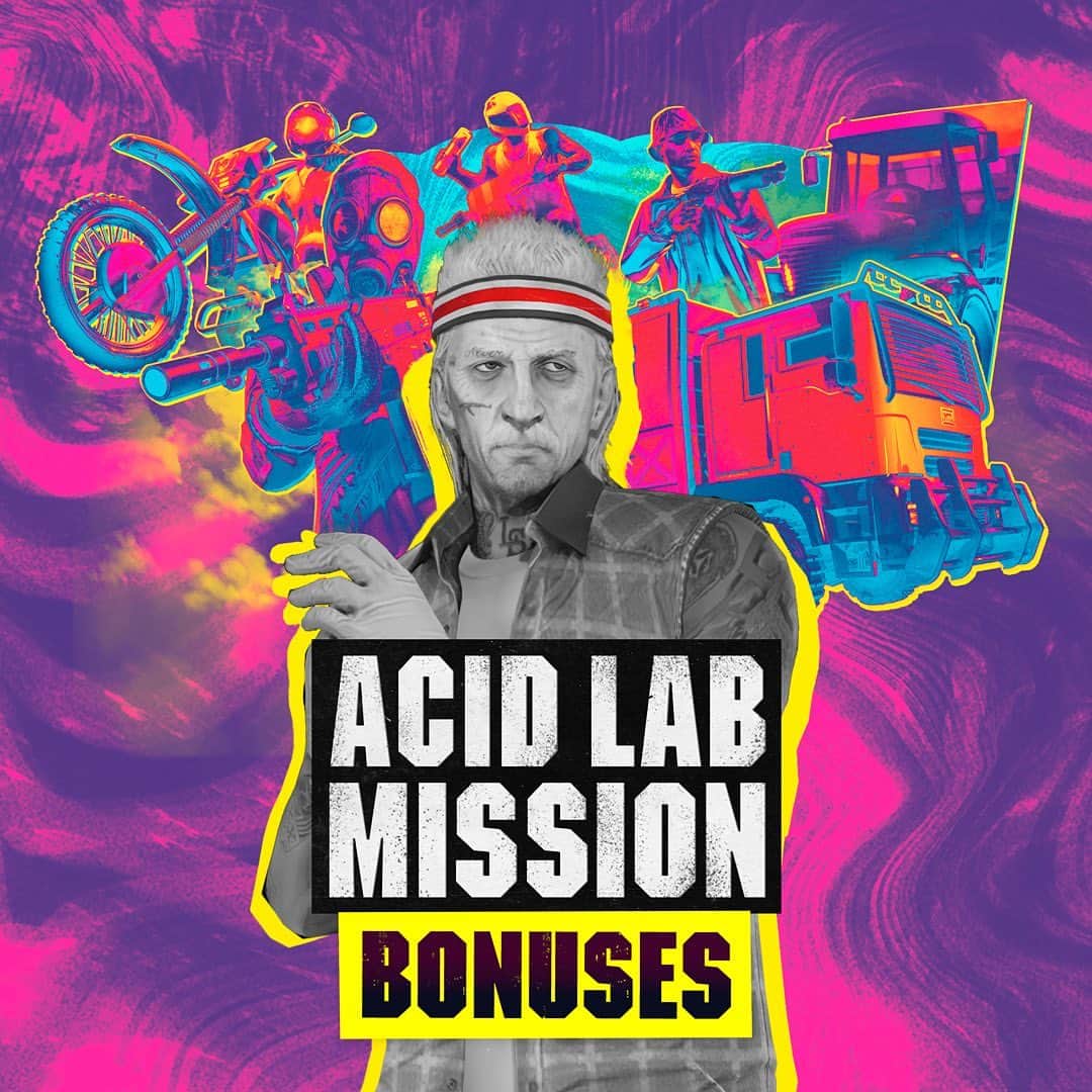 ロックスター・ゲームズのインスタグラム：「Start seeing double with bonuses on Acid Lab Sell Missions in GTA Online this week.  Plus, get 2X GTA$ for robbing Armored Trucks, 2X Rewards on Junk Energy Skydives, and more. Visit the link in our bio for details.」
