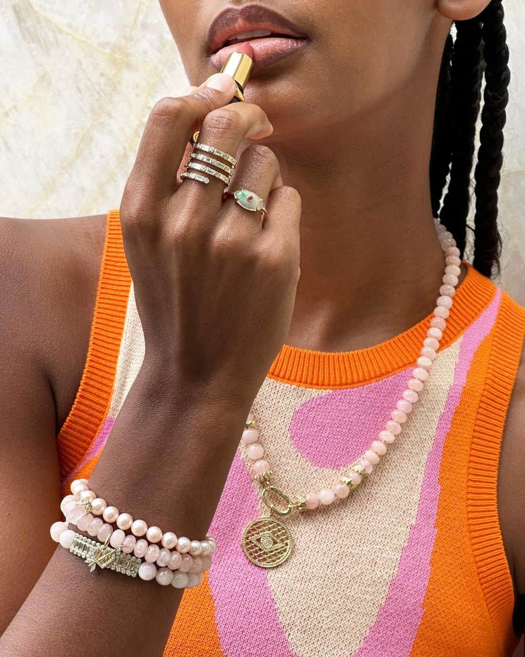 のインスタグラム：「On The Go With #SydneyEvan 💋 Complete your look with new arrivals from our Feminine Fatale Collection. Featuring standout pieces like our Fishnet Evil Eye Coin and Multi-Rondelle Morganite Necklace, and beautiful Carved Stone Evil Eye rings, available in Rose Quartz, Opal, and more.   P.S. Show us how you wear Sydney Evan with #BRINGYOURSHINE」