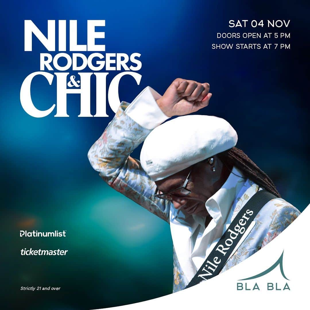 ナイル・ロジャースさんのインスタグラム写真 - (ナイル・ロジャースInstagram)「Get ready to groove as the legendary @nilerodgers and his iconic band, CHIC, become the inaugural act to take the brand-new outdoor stage at Bla Bla, with the stunning backdrop of Ain Dubai.   Sat 4 November 2023 Bla Bla Beach Club Doors open at 5 pm  Tickets available from Saturday 9 September on @ticketmasterme and @platinumlistuae with early bird tickets starting at AED 299, general admission at AED 350, and VIP packages at AED 550. Secure your spot for what promises to be a night of music history in the making.   Nile Rodgers, a Rock & Roll Hall of Fame inductee and a Songwriters Hall of Fame inductee, is a musical genius known for his incredible contributions to the world of music. With multiple Grammy Awards under his belt, Rodgers has left an indelible mark as a songwriter, composer, producer, arranger, and guitarist.   CHIC, co-founded by Nile Rodgers, pioneered a musical language that has produced chart-topping hits such as "Le Freak," which remains the biggest selling single in the history of Atlantic Records.   Rodgers' influence extends beyond CHIC, as he has produced iconic songs for legendary artists like David Bowie ("Let's Dance"), Madonna ("Like A Virgin"), and Duran Duran ("The Reflex"). His work with the CHIC Organization has produced classics like "We Are Family" with Sister Sledge and "I'm Coming Out" with Diana Ross. Collectively, these productions have sold over 500 million albums and 100 million singles worldwide.  The evening promises to be a full-scale entertainment experience. The doors will open at 5:00 PM, where attendees will be treated to the sounds of talented DJs and an incredible support band. Nile Rodgers and CHIC will take the stage later in the evening, and the event is expected to conclude around 10:30 PM. But the party doesn't stop there! An after-party will continue in the tent, with Bla Bla’s best DJs to keep you moving until the early hours.   #blabladubai #nilerodgers」9月8日 15時06分 - nilerodgers