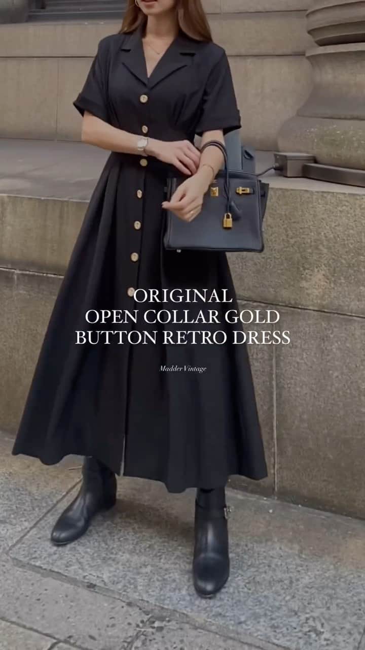 Akaneのインスタグラム：「original gold button retro dress ❤︎ @madder_vintage オープンカラー＆ゴールドボタンの 大好きな要素を取り入れた オリジナルドレス♡ Vintage likeな雰囲気が可愛くてとってもお気に入り☺️♡」