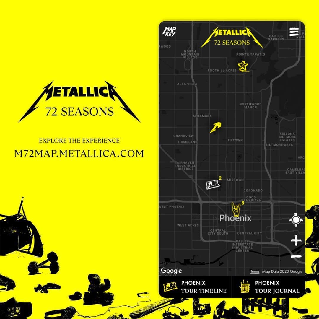メタリカのインスタグラム：「Found yourself in Phoenix for the rescheduled second night of our No Repeat Weekend at State Farm Stadium? The #M72 Interactive Map still has all the cool stuff you’ll want to experience while you’re here for the gig, including the pop-up shop, sites from Metalli-history, and more!  🗺️ m72map.metallica.com   #M72Phoenix」