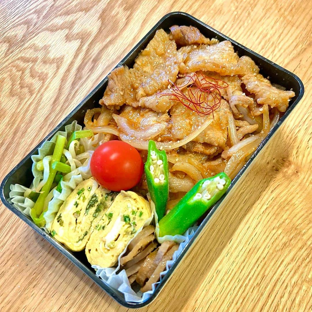 おちあやこのインスタグラム：「今日の夫弁当。  おひさ！な豚の生姜焼き弁当。 濃いめの甘辛い系は好物やから、 少しテンション上がってたように見えた。  いいんやで。もっと自分を出しても。  #今日の夫弁当 #今日のお弁当 #お弁当 #弁当記録」