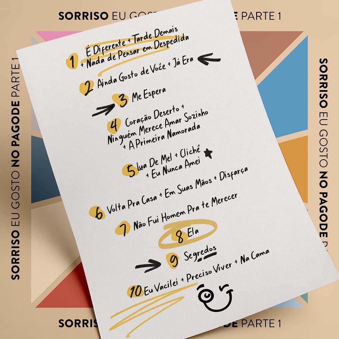 Sorriso Marotoのインスタグラム：「Segura essa pedrada, turma. Setlist revelada! 🙌🏽🎶  Preparem os corações, tá vindo aí a parte 1 do Sorriso Eu Gosto No Pagode! 😉💛」