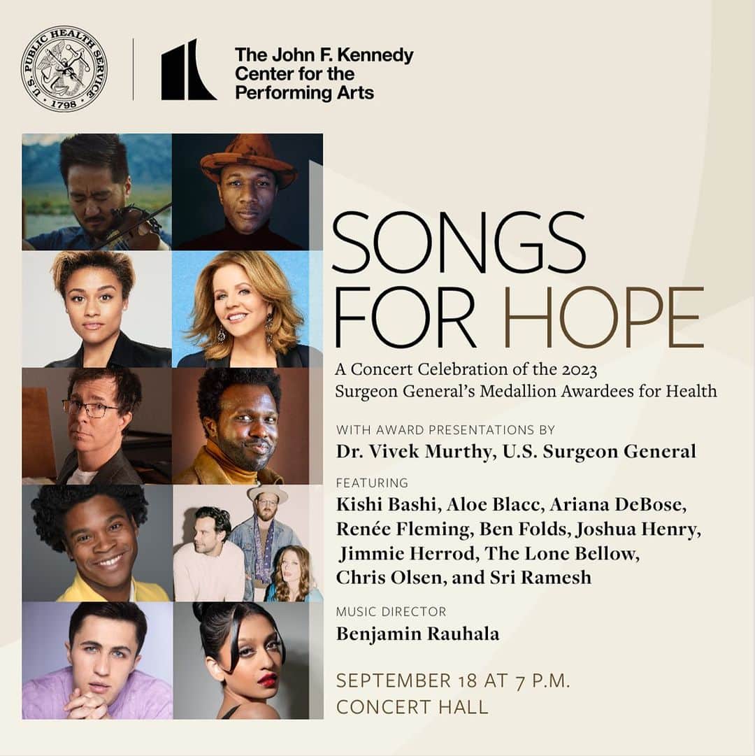 Kishi Bashiのインスタグラム：「I’m thrilled to join @u.s.surgeongeneral Vivek H. Murthy and other musicians (and @actualbenfolds!) for #SongsForHope—A Concert Celebration of the 2023 Surgeon General’s Medallion Awardees for Health! 🎶🩺💗 Sep. 18, join me at the @kennedycenter as we honor six recipients for their heroic work supporting mental health & well-being in their communities! Check the link in the @kennedycenter’s profile for tickets. 🎫」