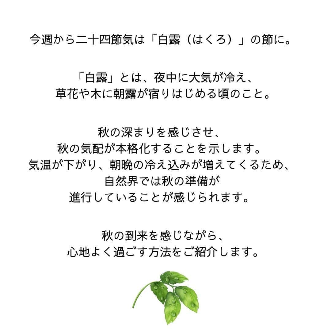 coyoriさんのインスタグラム写真 - (coyoriInstagram)「Coyori流、「白露の過ごし方」 ＼気になったら保存してね！／ ⁡ 今週から二十四節気は「白露（はくろ）」の節に。 ⁡ 「白露」とは、夜中に大気が冷え、草花や木に朝露が宿りはじめる頃🌱 ⁡ 秋の深まりを感じさせ、秋の気配が本格化することを示します🍂   気温が下がり、朝晩の冷え込みが増えてくるため、自然界では秋の準備が進行していることが感じられます🍁🍂 ⁡ 秋の到来を感じながら、心地よく過ごすおすすめの過ごし方をご紹介します。 . #coyori #こより #白露 #二十四節気 #秋 #初秋 #秋の味覚 #旬の素材 #かさつき #乾燥対策 #保湿液 #化粧水 #コスメレビュー #四季をたのしむ #二十四節気 #スキンケア好きな人と繋がりたい #二十四節気七十二候 #暦 #二十四節気と暮らし #掃除 #掃除グッズ #衣替え #自然のある暮らし #シンプルな暮らし #季節を愉しむ  . Color(にっぽんのいろ)/ @koyomiseikatsu」9月8日 17時00分 - coyori_official