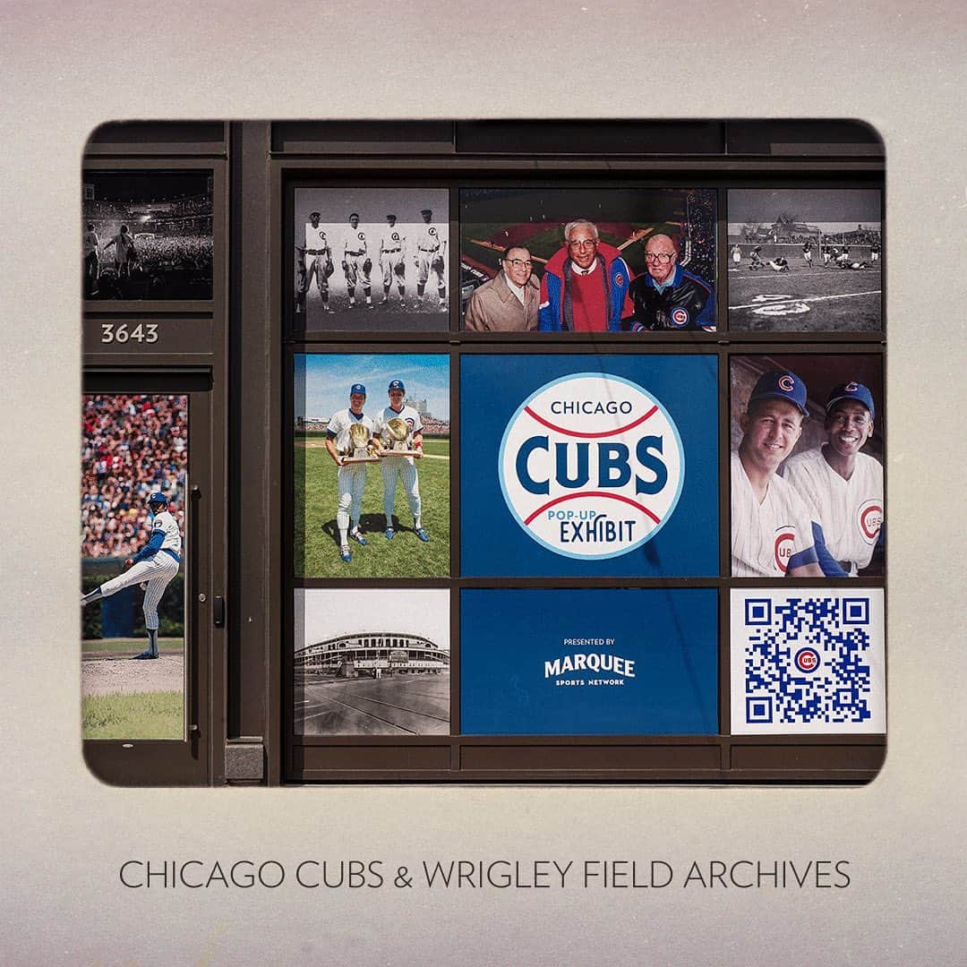 シカゴ・カブスのインスタグラム：「The new Cubs and Wrigley Field Archives pop-up exhibit presented by Marquee Sports Network is now OPEN at Gallagher Way!   Stop by to view jerseys, bats, baseballs, trophies, awards and more. Swipe for a preview.   Visit cubs.com/popupexhibit for more info.」