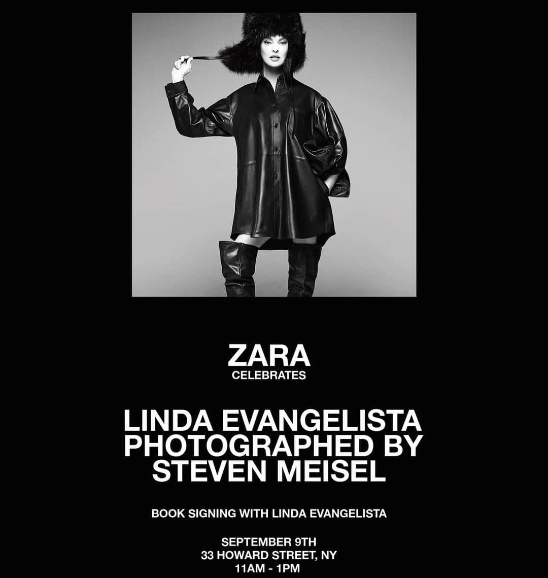 リンダ・エヴァンジェリスタのインスタグラム：「Please Join me on September 9th from 11am-1pm at the Zara x Steven Meisel Pop Up at 33 Howard Street, NY for a special signing of “Linda Evangelista Photographed by Steven Meisel.” Thank you Phaidon & Zara.   Photographed: @stevenmeiselofficial  Styling: #KarlTempler Hair: @guidopalau  Makeup: @patmcgrathreal  Manicure: @jinsoonchoi  Casting: @piergiorgio @dmcasting」