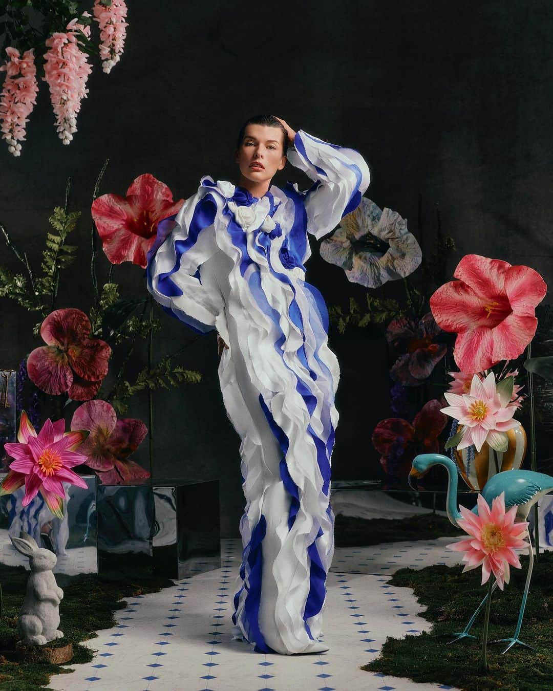 ミラ・ジョヴォヴィッチのインスタグラム：「Thrilled to be included in  The Rodarte Spring / Summer 2024 Portrait Series  Thank you Laura and Kate 💙🩵     Designed by @kateandlauramulleavy   Photography by: @dritch     Styled by: @shirleykurata and @ashleyfurnival   Hair by: @tiago_goya    Makeup by:  @u.z.o for @narsissist   Manicures by: @MTMorganTaylor   Production Design by: @adamandtinadesign   Post Production: @phtsdr   Production by: @blondprodn   Executive Production by: @nicoleprokes   Production Coordinator by:  @amandamescudi   Production by: @h.ladyyy Talent Management: @chrissbrenner Untitled Ent   Shot at Primo Studio @primostudiosla     #rodarte #millajovovich」