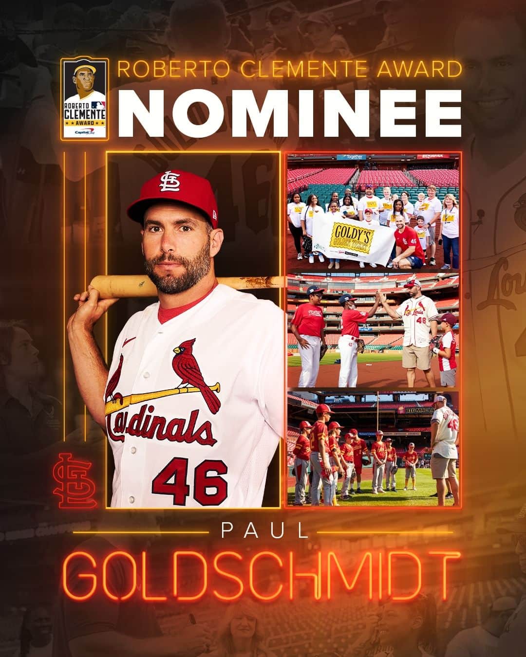 セントルイス・カージナルスのインスタグラム：「An MVP on and off the field.  Congratulations to Paul Goldschmidt, our 2023 Roberto Clemente Award nominee!」