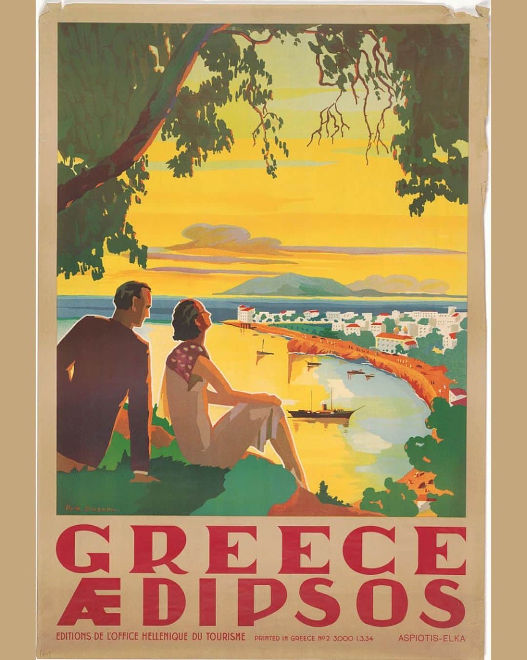 スミソニアン博物館のインスタグラム：「“There are two kinds of people-Greeks, and everyone else who wish they were Greek.” – Gus Portokalos, “My Big Fat Greek Wedding” (2002)  In 2022, nearly 30 million tourists visited Greece. What destination would you choose for your dream vacation?   This vintage travel poster from our @amhistorymuseum depicting a serene sunset is from our Princeton University Posters Collection, housed in our Archives Center.」