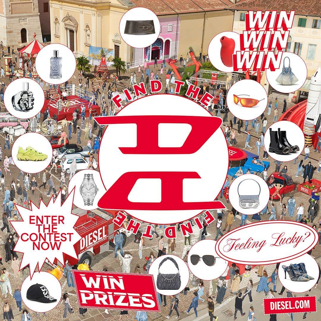 ディーゼルのインスタグラム：「“Find the D” Photo Hunt Contest.    The #DieselFW23 campaign comes to life through an interactive Photo Hunt game. Play to win items from the collection.     Over the span of two months, the game will unfold. Each week players will be challenged to find a specific item hidden within a zoomable image. Successfully find the object to enter a drawing for prizes, including a 1DR bag, an Oval D belt skirt, caps, sneakers, sunglasses, watches, fragrances, and much more.   Register at the link in bio.   #ForSuccessfulLiving」