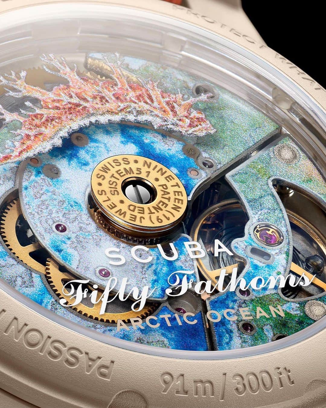 Swatchのインスタグラム：「All watches in the Bioceramic Scuba Fifty Fathoms Collection are powered by our signature mechanical movement, SISTEM51. Made with 51 components, it has a 90-hour power reserve and anti-magnetic protection thanks to its Nivachron™️ hairspring.   Featured here: the ARCTIC OCEAN  #ScubaFiftyFathoms #BlancpainxSwatch #Swatch」