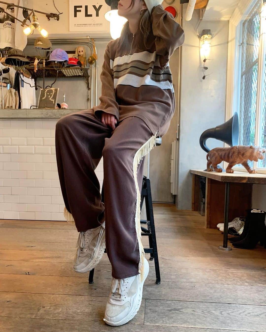のインスタグラム：「New Arrivals  00's Eddie Bauer half zip long sleeve polo shirt  80's Side fringe rayon pants  #birthdeath #vintage」