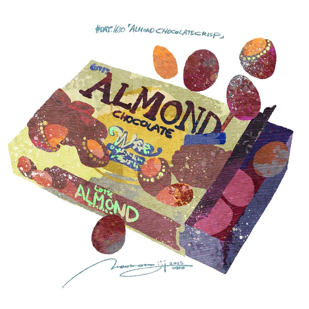 もみじ真魚のインスタグラム：「『#1610/「Almond chocolate crisp」』  もみじ真魚/MaoMomiji 2023年9月8日 18:03  "I like what I like, in the shapes and colors I like." I have roughly completed the drawing for my solo exhibition in New York, so it's my turn to relax for the first time in a while. I've been having a lot of fun experimenting with new brushes and effects using Photoshop recently, so this is a study of that. I want to add more playfulness in mixing different colors and manipulating the intensity of the impression. I've been thinking a lot lately about how I want to express a world that only I can see more of.  「好きなものを好きな形と色で。」 NYの個展用の描きおろしは大まかに完了したので、久しぶりにリラックスのターンです。最近はフォトショップを使って新しいブラシや効果を試すのがすごく楽しいので、今回はその習作です。もっといろんな色を混ぜ込んだり、印象の強弱を操作する遊び心を入れたいと思っています。もっと自分だけが見える世界を表現したい、そんなことを最近よく考えます。  #日刊ごはんが好き #foodie #foodieart #dailyilovefood  #毎日更新 #foodillustration #fooddrawing #もみじ真魚 #maomomiji #飯テロ #美食 #chocolate #almond #lotte」