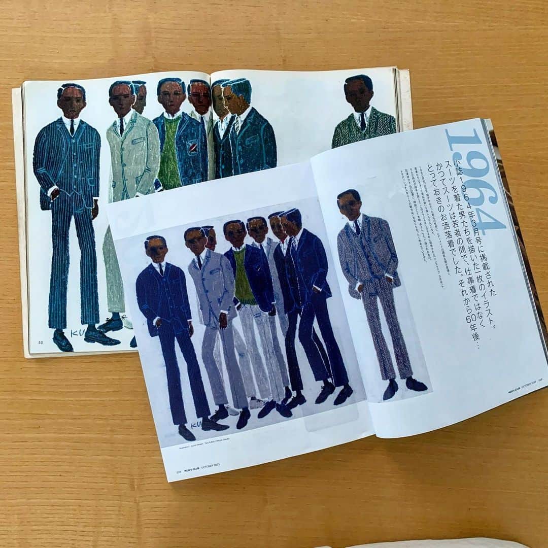大橋歩さんのインスタグラム写真 - (大橋歩Instagram)「私の昔にお付き合いください。この『MEN'S CLUB』は男性ファッション誌です。上が2023年10月号で最新号(発売はまだかも)下は1964年3月号です。今から59年6ヶ月前の『MEN'S CLUB』で、私をデビューさせてくださった号です。私は多摩美術大学油絵科の4年生でした。いきさつは『ほぼ日の学校』で糸井さんに話しました。今から59年と6ヶ月前の『MEN'S CLUB』の印刷の絵を今年の10月号に載せますと連絡頂いた時は信じられませんでした。59年6ヶ月以上前も載せて頂いたそのページをなでながら信じられなかったと同じぐらい。ありがとうございます。美術大学で絵を描くより私は男の子(当時の若い男子)のおしゃれが大好きで服のデザイナーになりたかったのでした😅。でもイラストレーターにならせて頂けて良かったです。10月号スーツ特集好きです。人の手で作り上げる着る物が素晴らしいです。」9月8日 18時09分 - ayumi8713