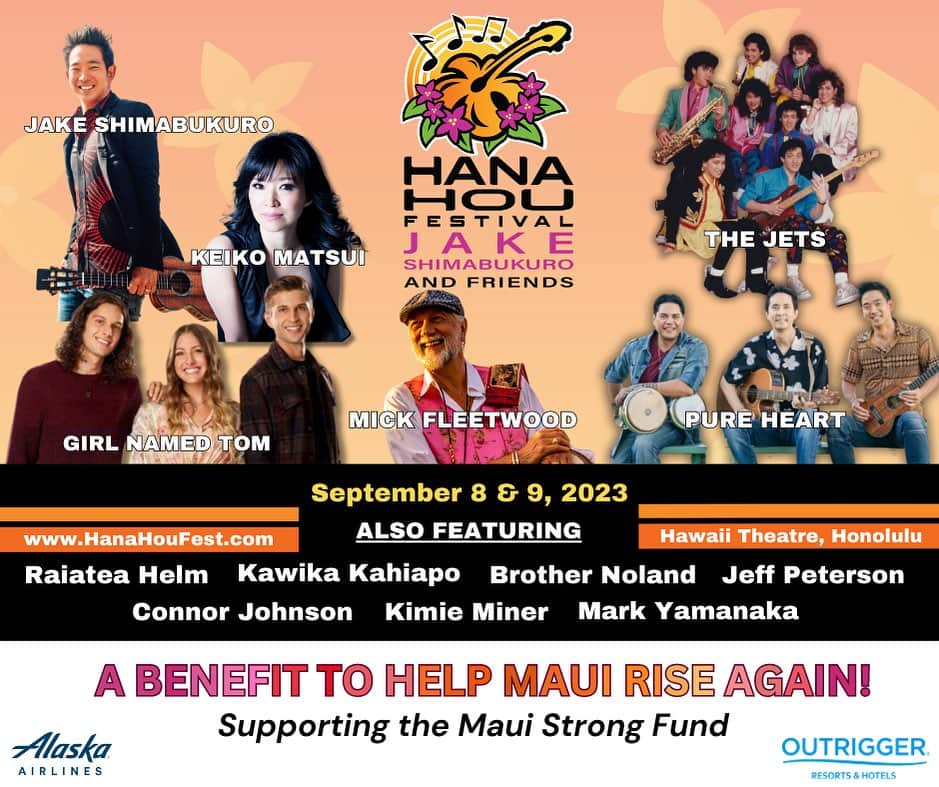 クリスティー・ヤマグチのインスタグラム：「So honored to be part of @hanahoumusicfestival benefit concert to help raise funds for the Maui Strong Fund @hawaiicommunityfoundation.   Co-hosting a star-studded musical line-up with @jakeshimabukuro and friends at the Hawaii Theatre. Free livestream access at www.jakeshimabukuro.com  Sept 8-9 starts at 7:30pmHT.    Join us in sending thoughts and prayers to Maui. Make a donation at www.hanahoufest.com」