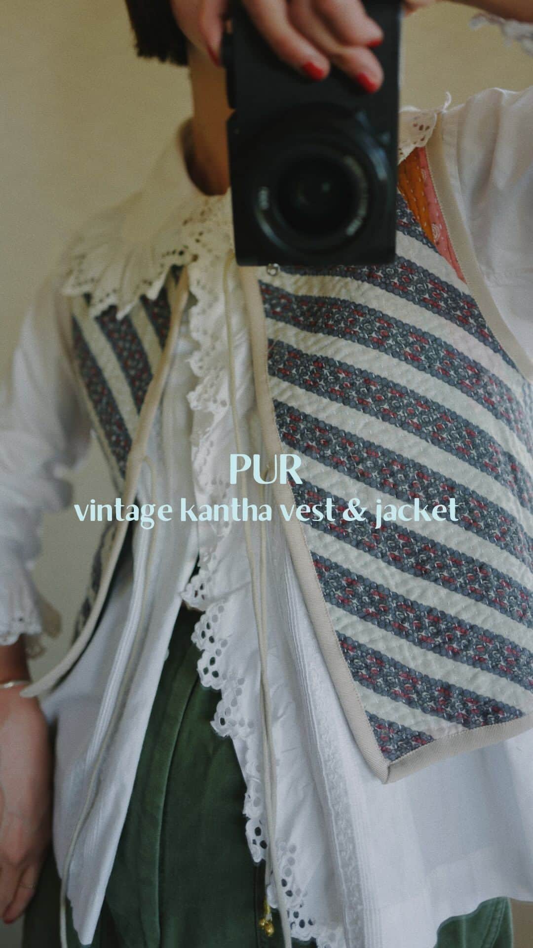 のインスタグラム：「⁡ PUR @pur__official  vintage kantha vest & rug Made in india ⁡ インドの古布、カンタキルトを使いインドで製作しているベスト＆ジャケット、今回も沢山出来上がりました。 このコンパクトなサイズ感、 ワンピースやオーバーオールはもちろん、シャツ、タートルニット、ジャケットの中にも、何にでも合わせやすくて個人的に好きで、秋冬はこんな感じで着たいなぁと着だしたら止まらなくなった😅そのまとめです。 ジャケットも数枚作れたのと、ラグ単体でもご用意できたのでこちらも合わせて販売します。 是非是非ご覧くださいませ❤︎  #purvintagekantha  ＿＿＿ ⁡ 9/13 Wed 20:00-online store release  ⚪︎先行販売⚪︎ 9/10 11:00-17:00 at Petrichor （長野県松本市大手2-5-19）」