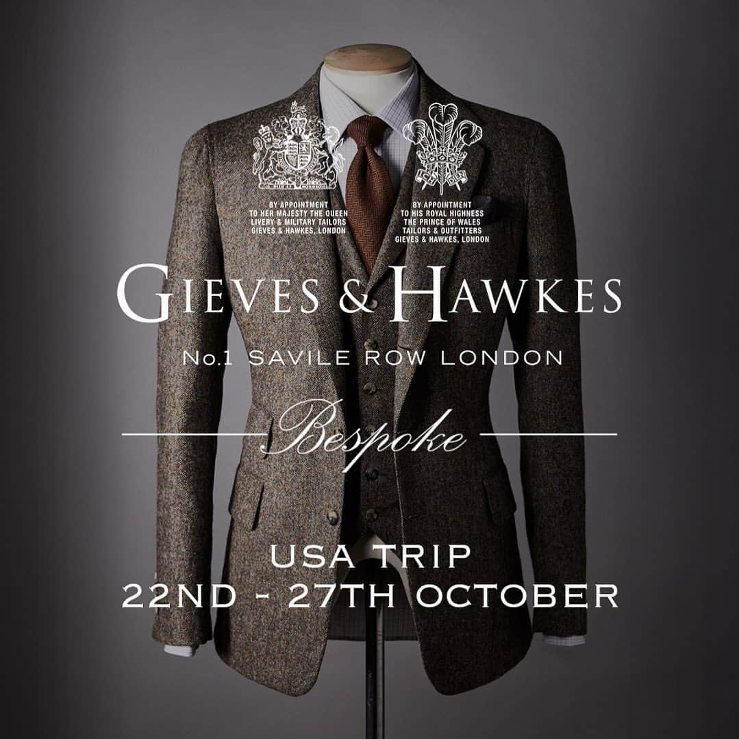 ギーブス&ホークスのインスタグラム：「We are pleased to share with you the dates for our US Bespoke Trunk Show.  Los Angeles :   Sunday 22nd – Monday 23rd October  The Sunset Marquis: 1200 Alta Loma Rd,  West Hollywood,  CA 90069  New York:   Wednesday 25th – Friday 27th October  Loews Regency New York Hotel:  540 Park Ave,  New York,  NY 10065.  For bookings, please email bespoke@gievesandhawkes.com」