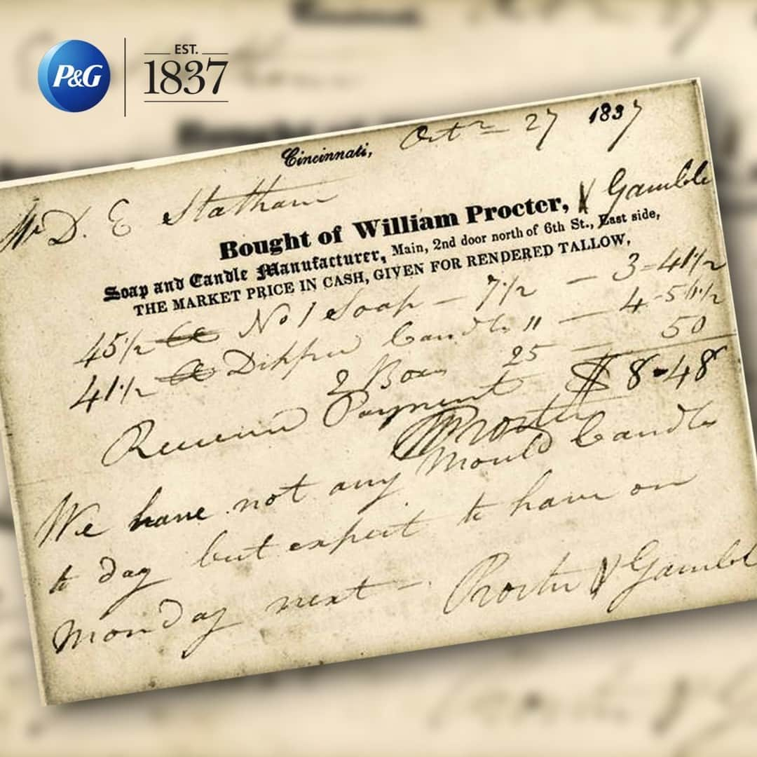 P&G（Procter & Gamble）のインスタグラム：「We’re celebrating #AmpersandDay with a #flashback to our very first ampersands!    Before Procter and Gamble was Procter & Gamble, the brothers-in-law had two separate companies selling soaps and candles. 🧼 🕯️ During the Panic of 1837, their father-in-law, Alexander Norris, convinced the two men to go into business together. Thankfully, they agreed! 🤝   Not ones to waste anything, Procter began writing “& Gamble” on his existing stationary, creating the company name we know today.   In 1995, the ampersand became part of our official P&G trademark. #PGHeritage  [Graphic design by @PGDesignTeam]」