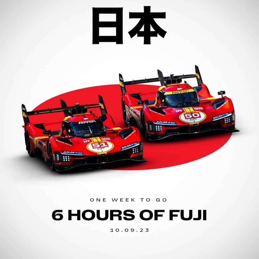 Ferrari Japanのインスタグラム：「FIA WEC第6戦、富士6時間耐久でFERRARI 499Pが上陸！​  ​マラネッロ発、跳ね馬のハイパーカーが日本でスポットライトを浴びる時がきた。フェラーリ499Pは50号車と51号車の2台体制で勝負に挑む。​ ​ 予選は明日9/9（土）15:30、決勝は9/10（日）11:00。  #Ferrari #FerrariJapan #ferrariraces #Ferrari #Hypercar #ferrari499P #WEC #6HFuji #フェラーリ」