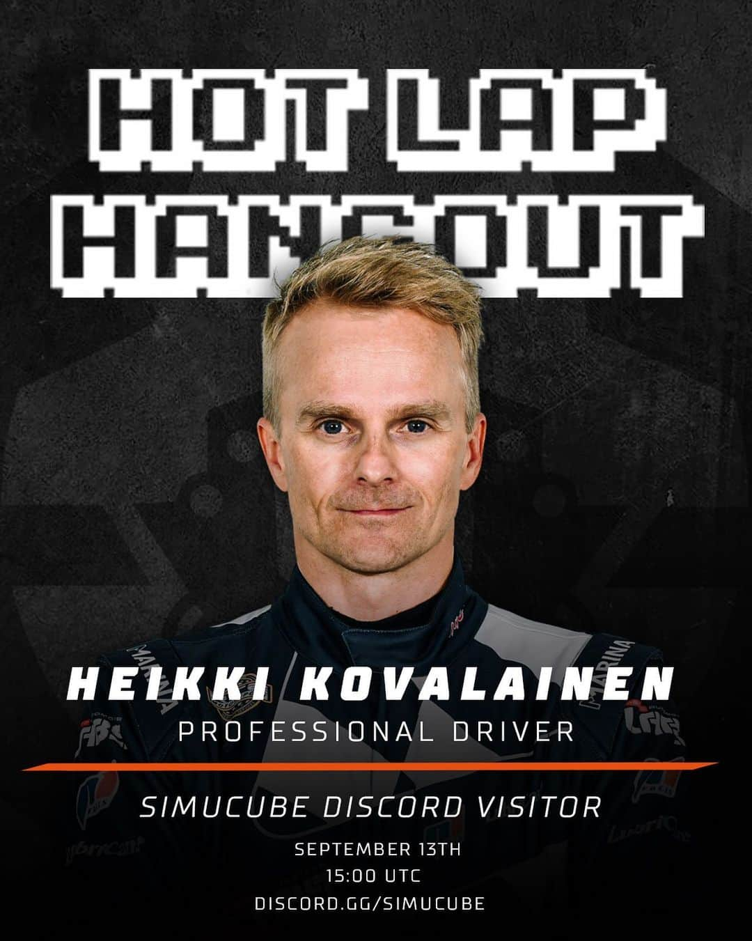 ヘイキ・コバライネンのインスタグラム：「Our next Hot Lap Hangout guest is professional racing driver Heikki Kovalainen! He will be visiting Simucube Discord on the 13th of September! This is your chance to ask him your questions.  15:00 UTC (Coordinated Universal Time)    Come join us for a friendly chat!    Photo: Taneli Niinimäki / AKK  #heikkikovalainen #simucube」