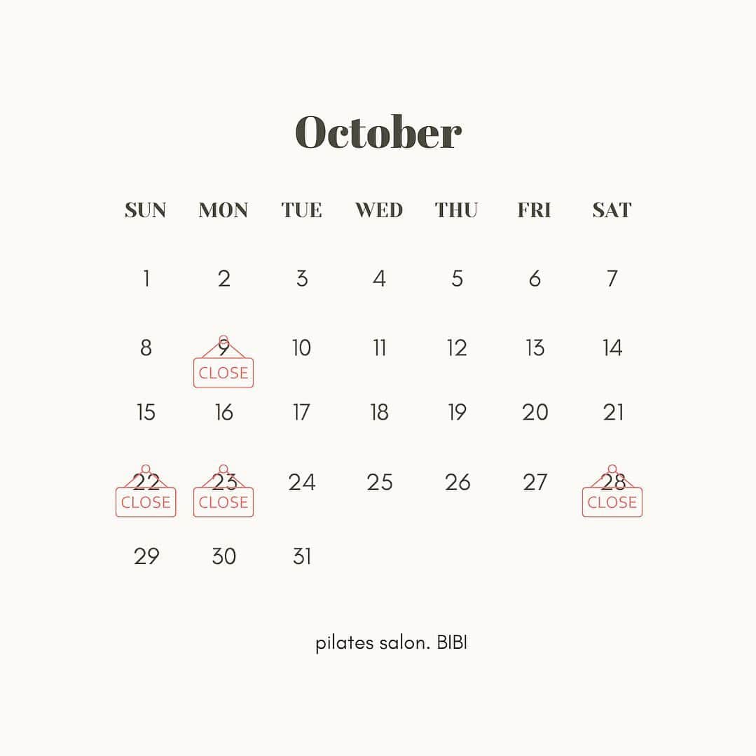 前谷楓のインスタグラム：「.   𝗽𝗶𝗹𝗮𝘁𝗲𝘀 𝘀𝗮𝗹𝗼𝗻 𝗕𝗜𝗕𝗜 ☺︎ 　 10月のお休みです🗓️ 　 9日(月) 22日(日) 23日(月) 28日(土) 　 よろしくお願い致します♡ 　 #ピラティス#ピラティススタジオ#ピラティスインストラクター#ピラティスレッスン #マシンピラティス#マットピラティス#リフォーマーピラティス #パーソナルレッスン#パーソナルトレーニング#姿勢改善#ピラティス女子#大阪ピラティス#本町ピラティス#北浜ピラティス#淀屋橋ピラティス#pilates#pilatesinstructor」