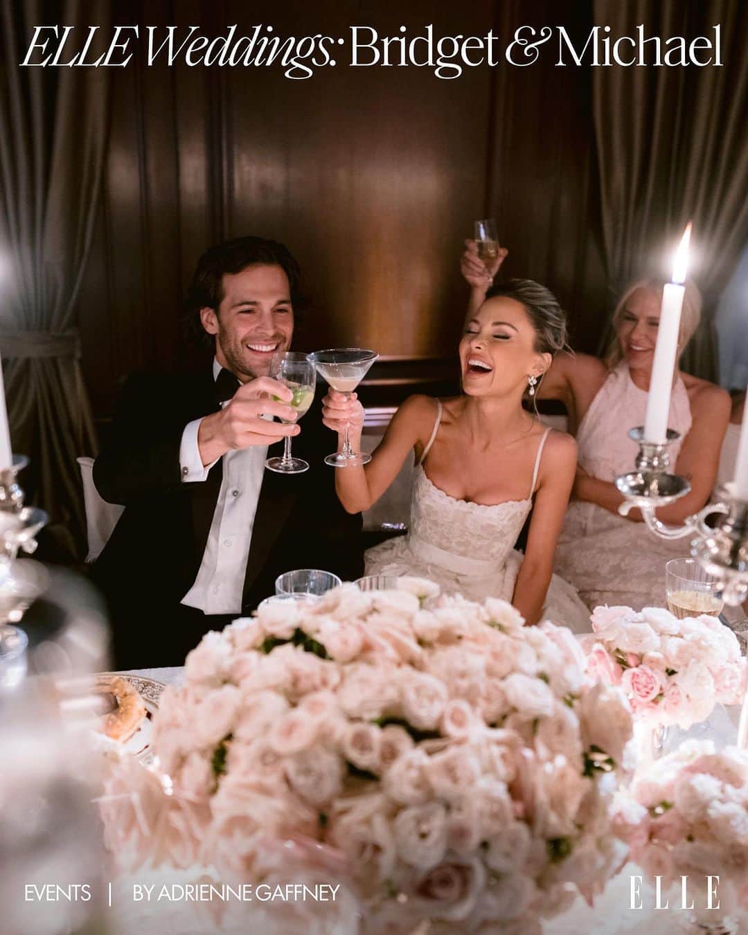 ELLE Magazineのインスタグラム：「Bridget Bahl and Mike Chiodo wanted a New York wedding. A very New York wedding. Though the couple is now primarily based in Dallas, they met there and wanted to show it to their families in the most beautiful way possible. Go behind the scenes of their viral celebration at the link in bio. ❤️  Bridget Bahl @bridget  Michael Chiodo @drmikechiodo  Planning: Laurie Arons @lauriearons Design: Birch Event Design @bircheventdesign Photography: Jose Villa @josevilla Videography: Peyton Frank @peytonfrank Stylist: Micaela Erlanger @micaela Custom bridesmaid gowns: The Bar @the______bar Custom flower girl + page boy outfits: Doloris Petunia @dolorispetunia Social coverage: Follow the Bride @followthebride_」