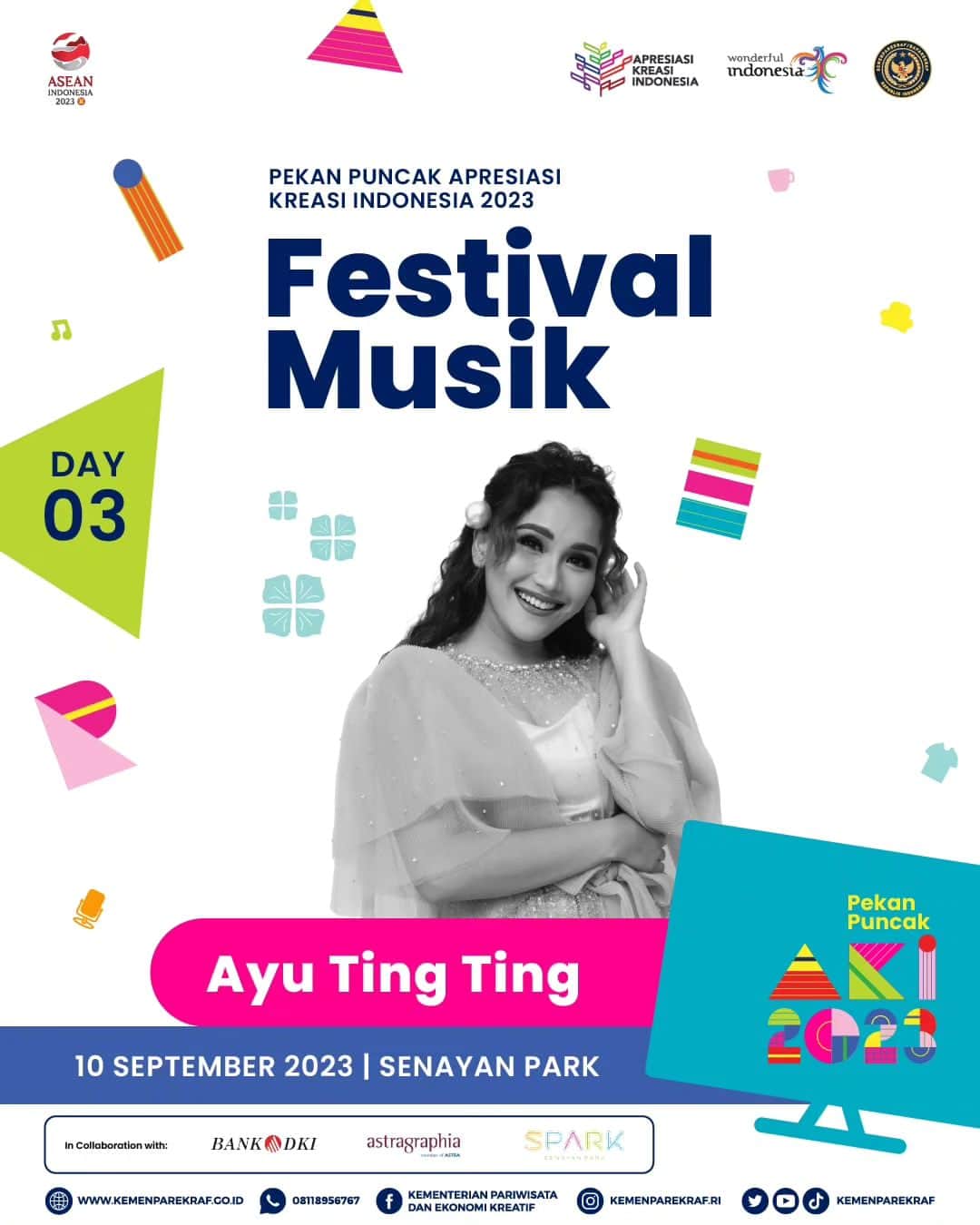 アユ・ティンティンのインスタグラム：「Nah utk  tgl 10 sept 2023 aku akan hadir dan ikut memeriahkan PEKAN PUNCAK APRESIASI KREASI INDONESIA 2023 di Senayan Park Jakarta.    We bring you to awesome experience in COLLABORATION SEASON!  Saatnya produk lokal terbaik dari 16 Kota/Kabupaten dari rangkaian program Apresiasi Kreasi Indonesia 2023 Kemenparekraf menunjukkan pesonanya.   ~ Pameran UMKM Kreatif ~ Festival Musik  ~ Aktivitas Olahraga  ~ Hiburan dan masih banyak keseruan lainnya   Dihadiri Menteri Pariwisata dan Ekonomi Kreatif @sandiuno  🗓️08 - 10 September  📍Senayan Park - Pulau 1 (Outdoor), Jakarta   GRATIS  KUNJUNGI dan HAVE FUN!   #PekanPuncakAKI2023 #ApresiasiKreasiIndonesia #PesonaIndonesia #WonderfulIndonesia」